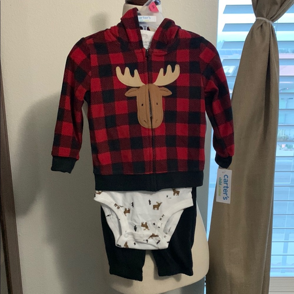 Carter's Red and Black Plaid Moose Hoodie Set